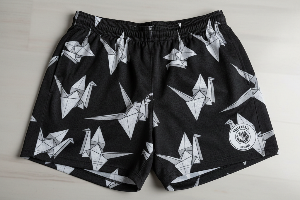 Black shorts with white origami crane pattern and Volleyball The Label logo.