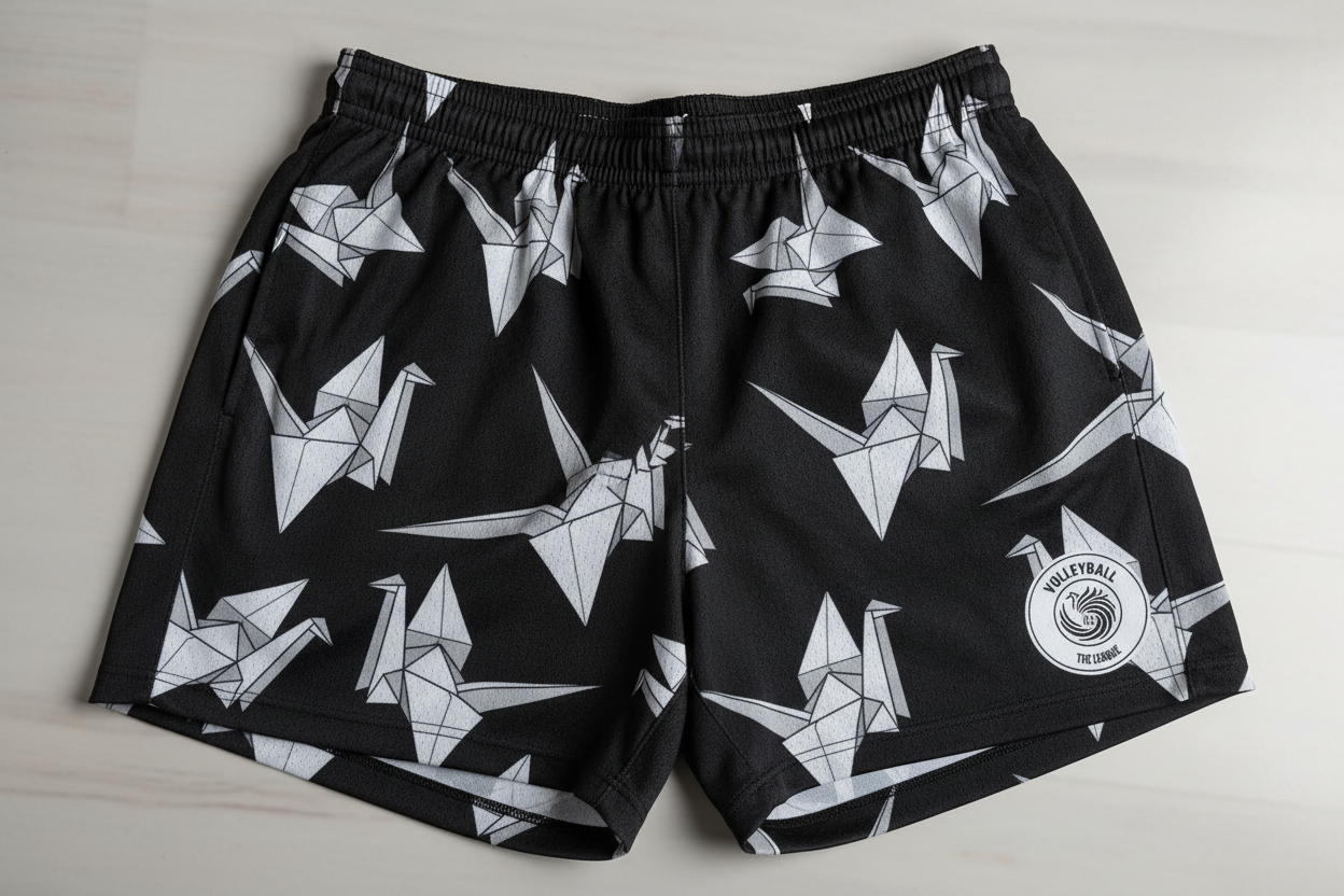 Black shorts with white origami crane pattern and Volleyball The Label logo.